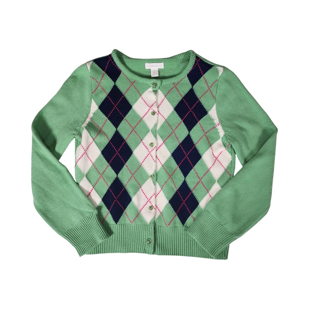 Charter Club‎ Girls Green Argyle Knit Button Front Cardigan Sweater Size 12